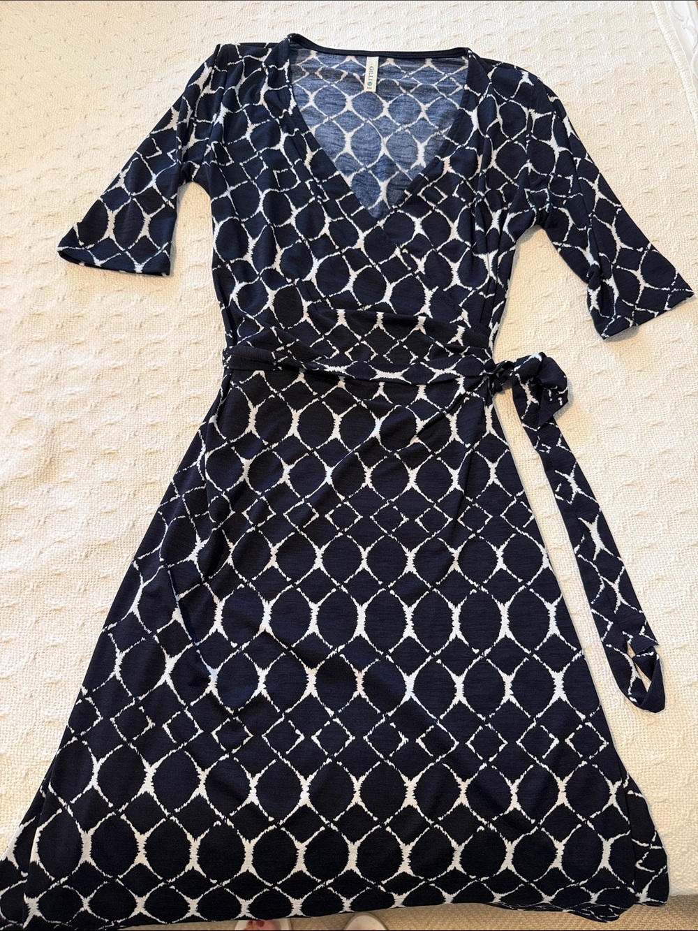 Gilli Dark Navy and White Wrap Midi Dress with Circle Print